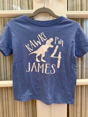 Custom Blue Kids' 'RAWR! I'm 4' Dinosaur Birthday T-Shirt - Personalized James